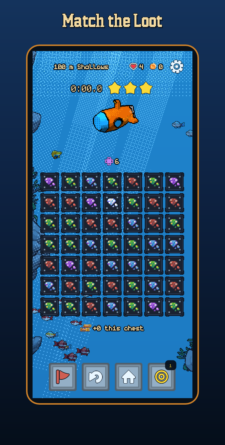 The match-3 extraction board: a 7 by 7 grid of gem tiles under the submarine, with six moves left and a chest total below.