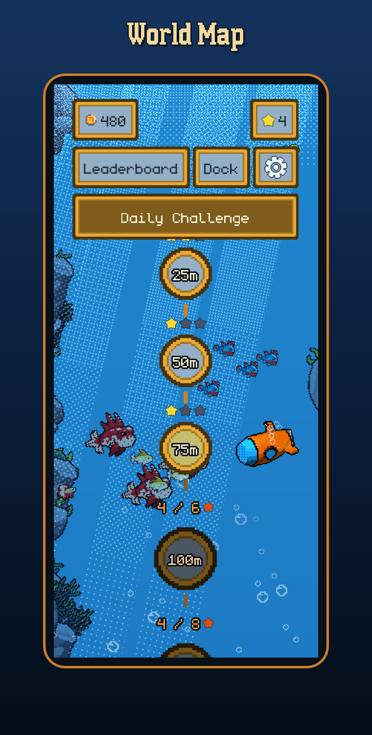 The Underlooter world map: depth nodes at 25, 50, 75 and 100 metres linked in a chain, with earned stars under each and a submarine beside the current depth.