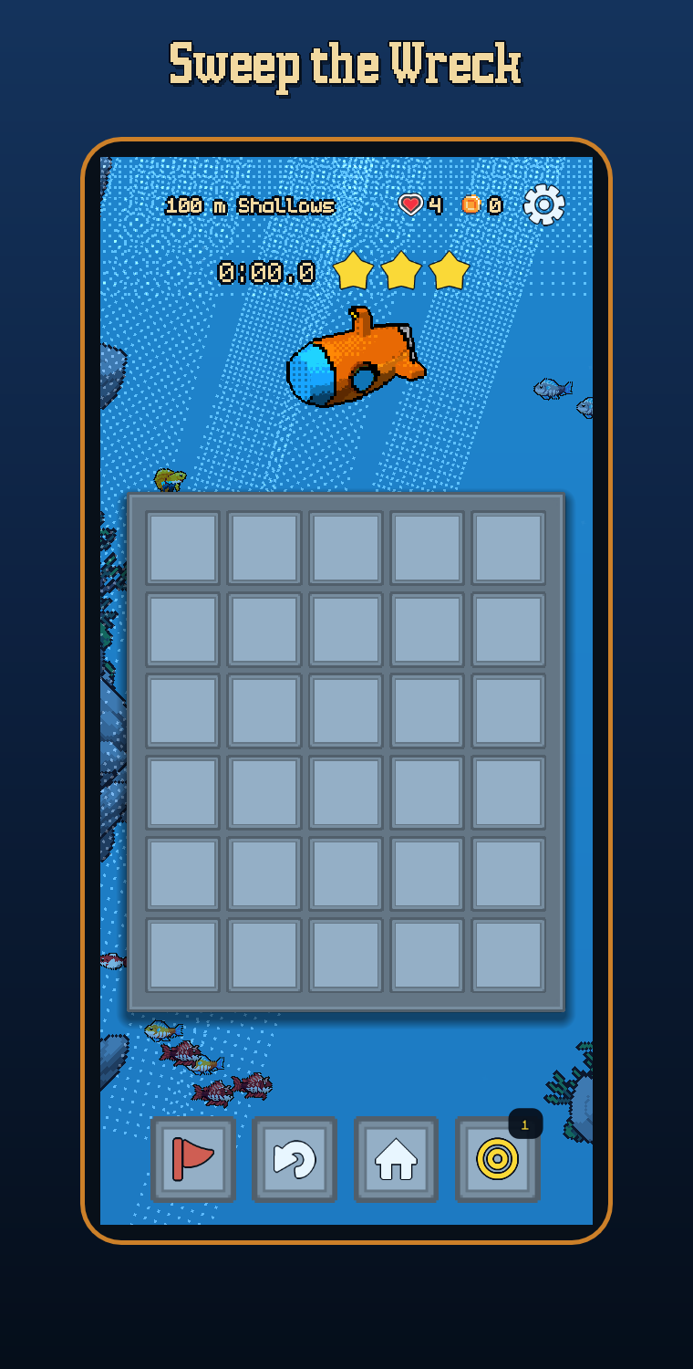 Underlooter on a phone: a submarine hovering over an unswept 5 by 6 wreck grid, with hearts, gold and a dive timer along the top.